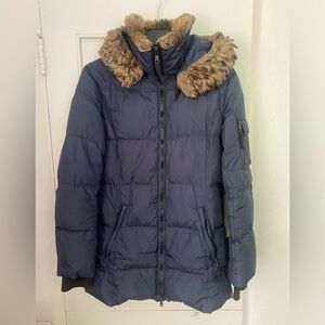 S13NYC Navy Down Puffer Jacket Faux Fur Hood Size Large